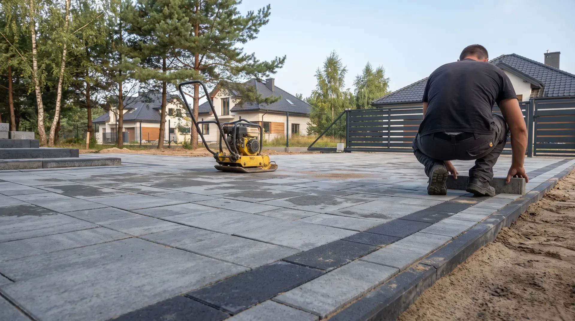 Nowy dom w Kobyłce z podjazdem i ścieżką z szarej kostki brukowej