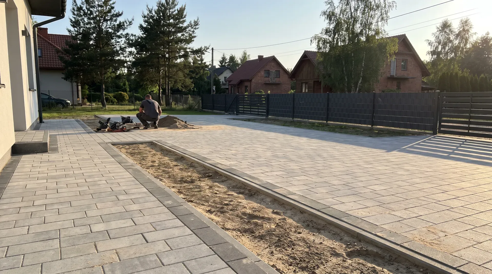 Podjazd z szarej kostki przy willi w Komorowie w gminie Michałowice