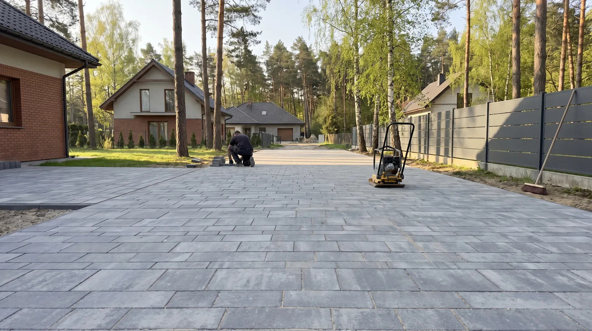 Nowy podjazd z szarej kostki betonowej przy domu jednorodzinnym na Bemowie