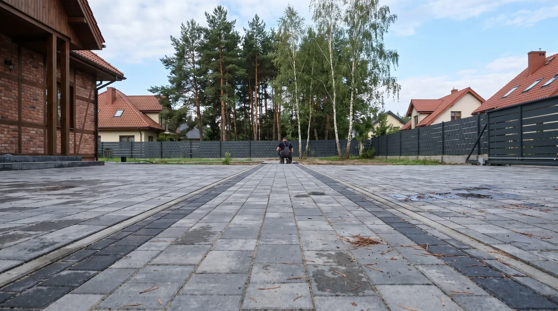 Taras z płyt i schody przy willi na Mokotowie na skarpie