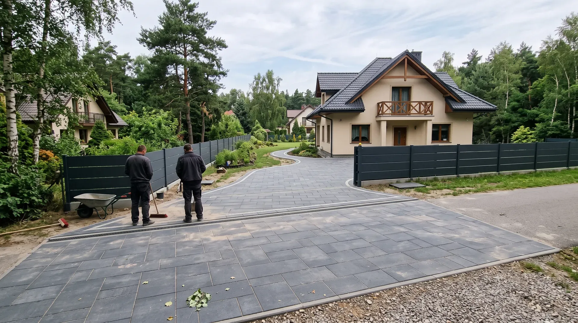 Dom na Ursynowie z podjazdem z kostki i tarasem z płyt