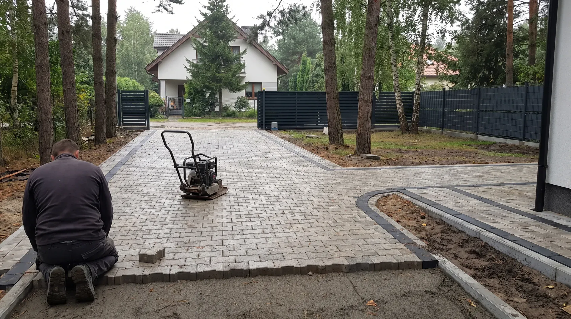 Dom w Wawrze pod sosnami z podjazdem z kostki i płyt ażurowych