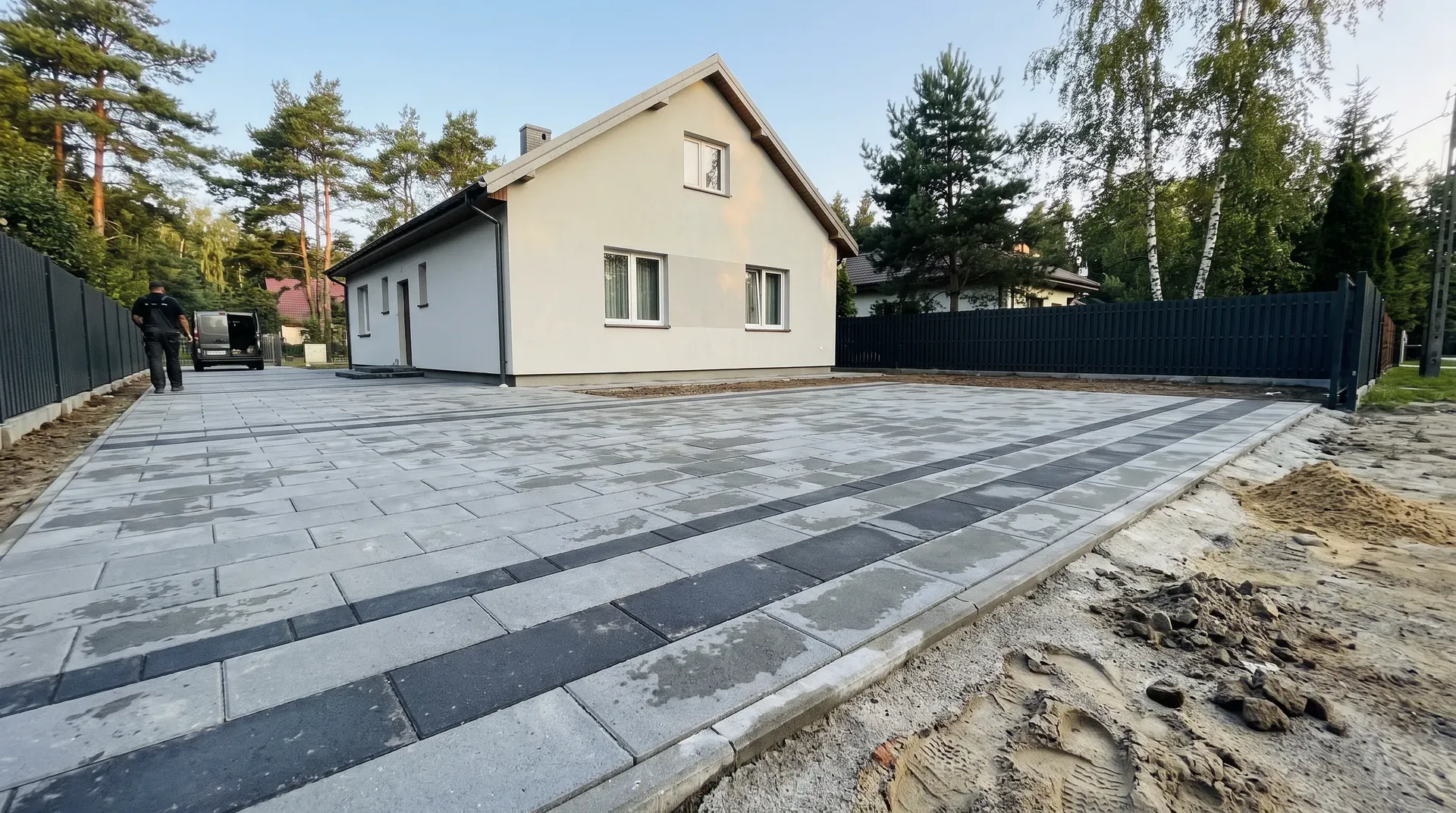 Dom jednorodzinny w Wesołej wśród drzew z podjazdem z kostki