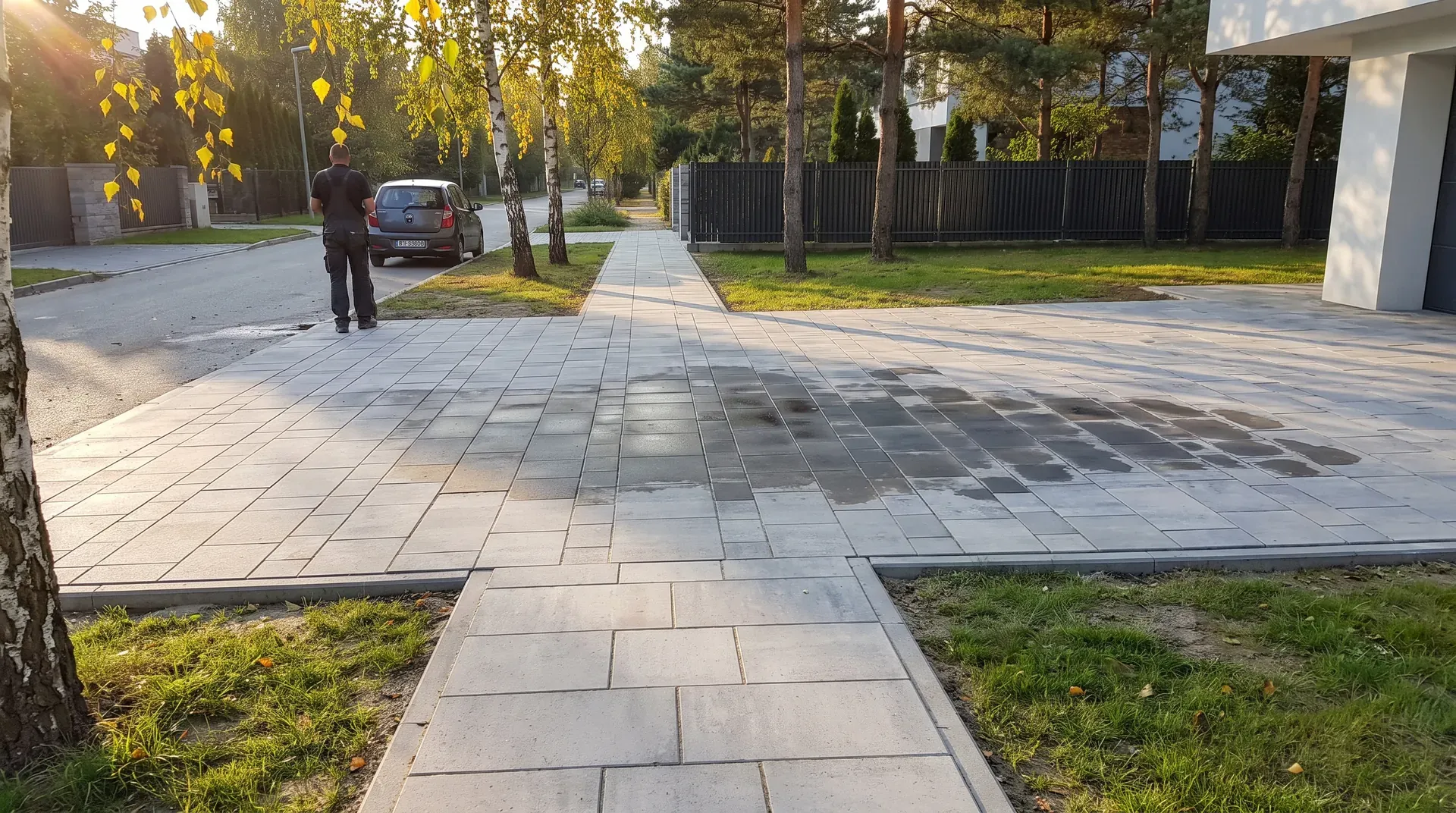 Willa w Wilanowie z podjazdem z kostki granitowej i tarasem z gresu