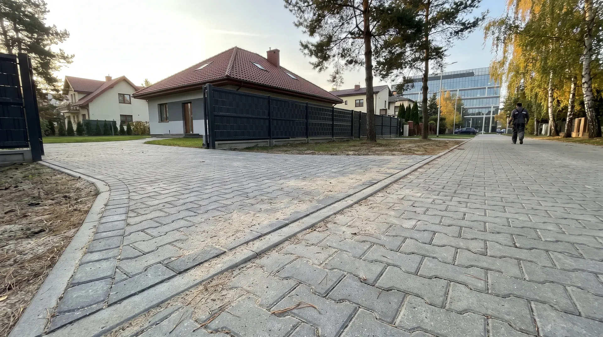 Dom we Włochach i pobliski parking firmowy z nawierzchnią z szarej kostki