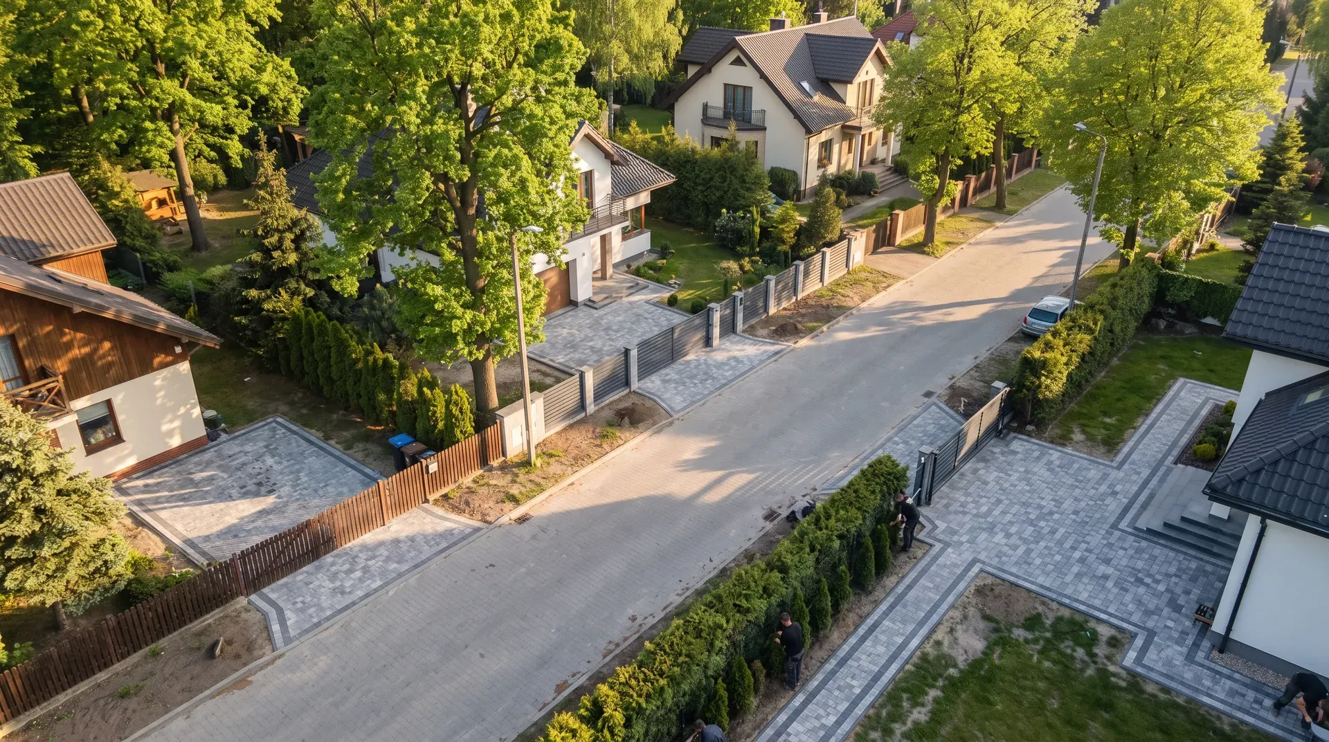 Widok z lotu ptaka na domy z podjazdami z kostki w powiecie grodziskim