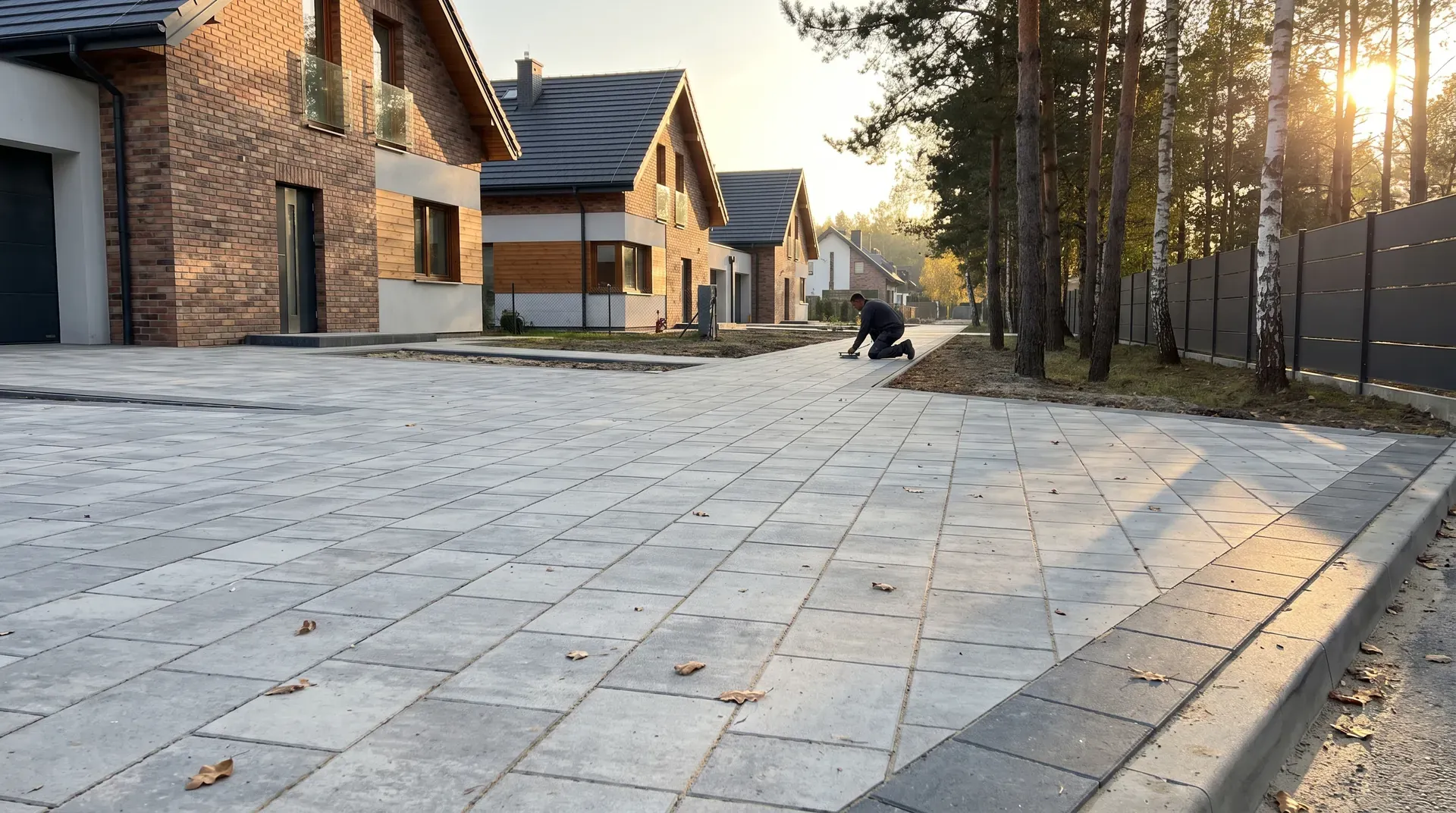 Nowy dom w Jabłonnie z podjazdem i ścieżką z szarej kostki brukowej