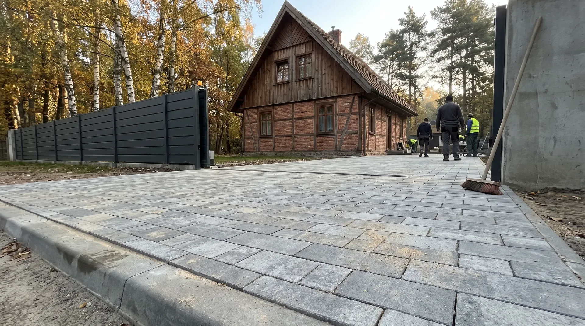 Dom w pobliżu Zalewu Zegrzyńskiego z podjazdem z szarej kostki brukowej