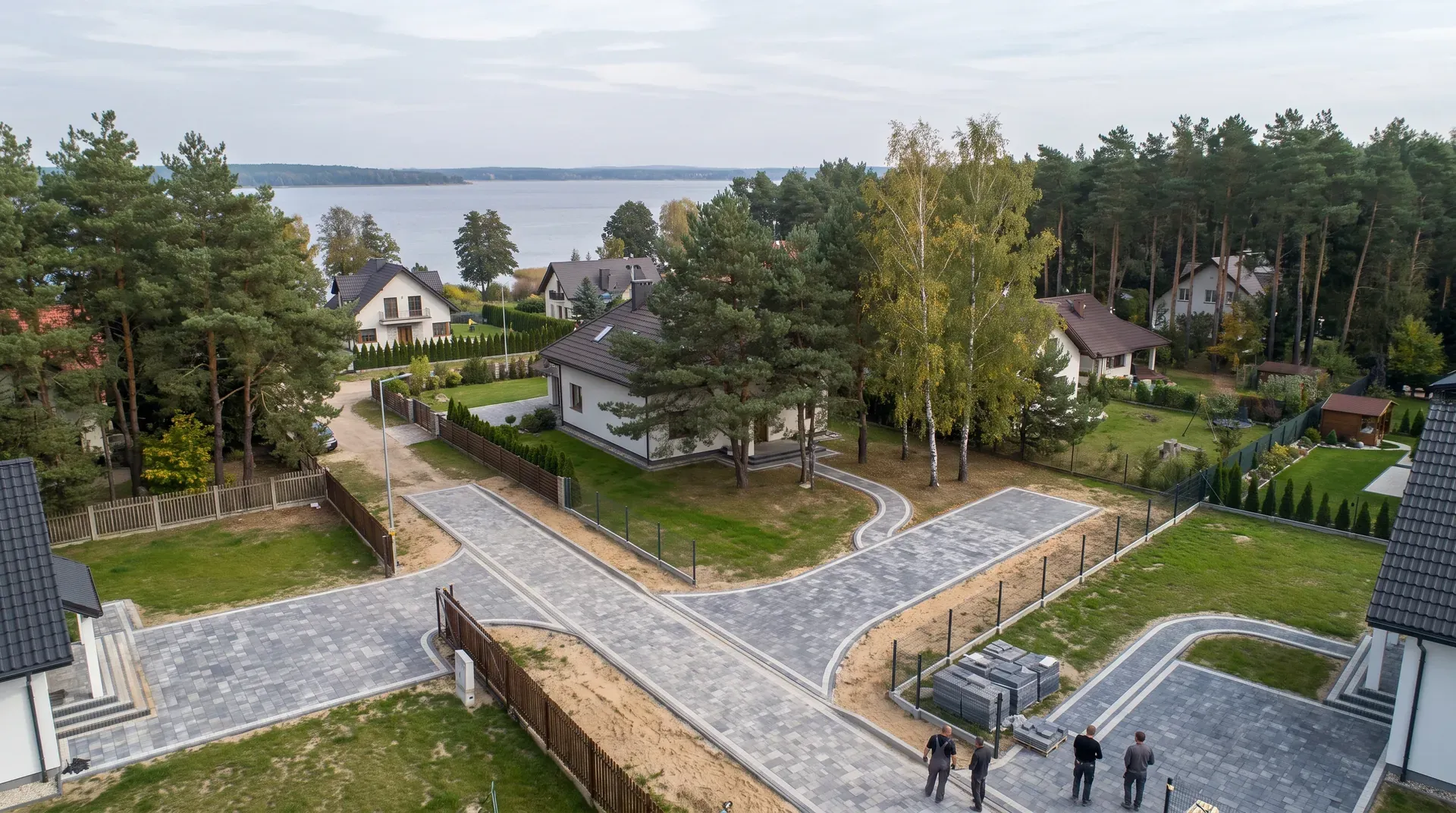 Widok z lotu ptaka na domy jednorodzinne z podjazdami w powiecie legionowskim
