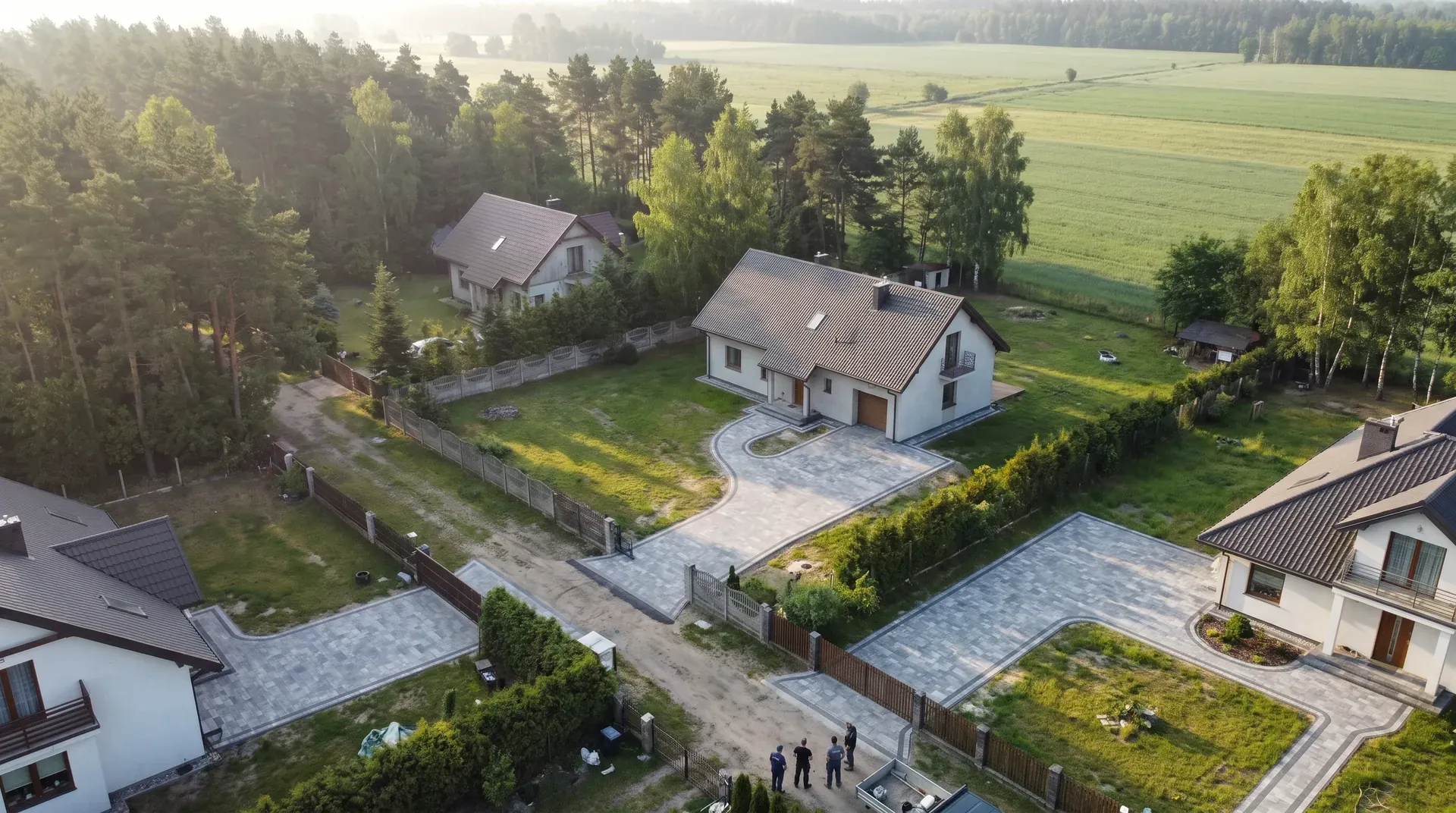 Widok z lotu ptaka na domy jednorodzinne z podjazdami w powiecie mińskim