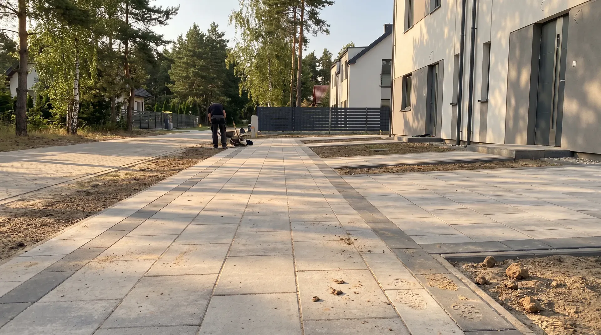 Osiedle szeregowców w gminie Lesznowola z podjazdami z kostki brukowej