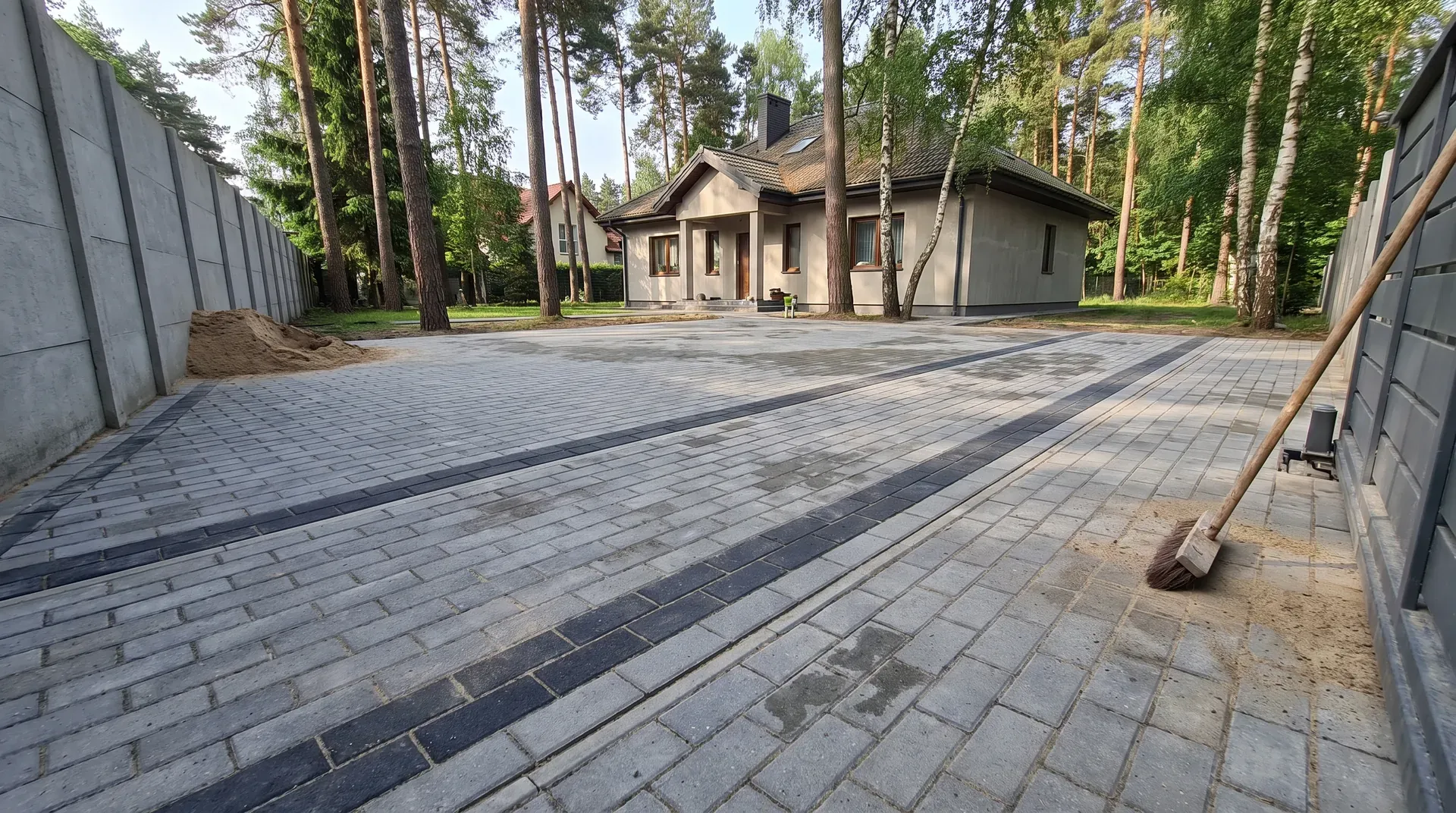 Dom w Piasecznie z nowo ułożonym podjazdem z szarej kostki