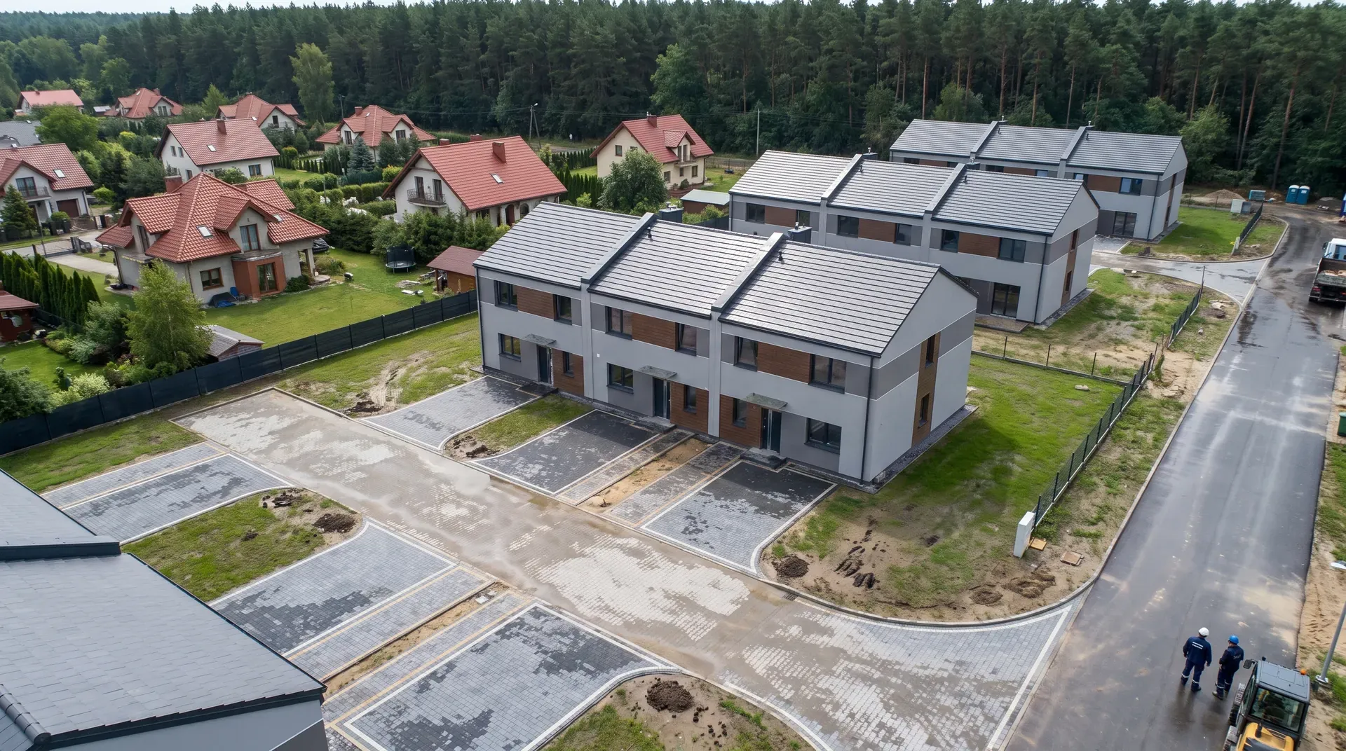 Widok z lotu ptaka na domy z podjazdami z kostki w powiecie piaseczyńskim