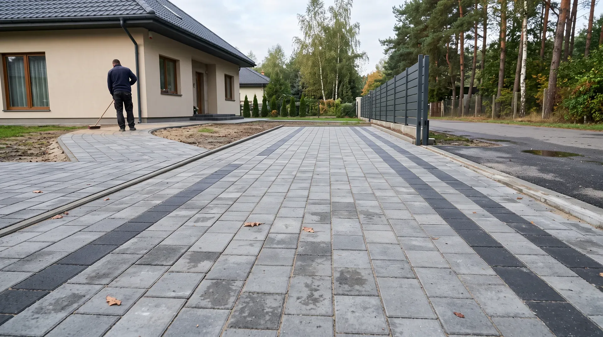 Dom w Łomiankach z podjazdem z kostki i odwodnieniem liniowym