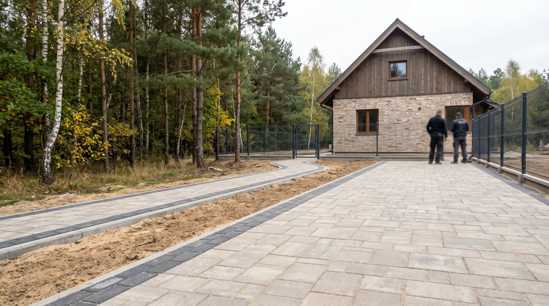 Nowy dom w Starych Babicach z podjazdem z kostki i płyt ażurowych