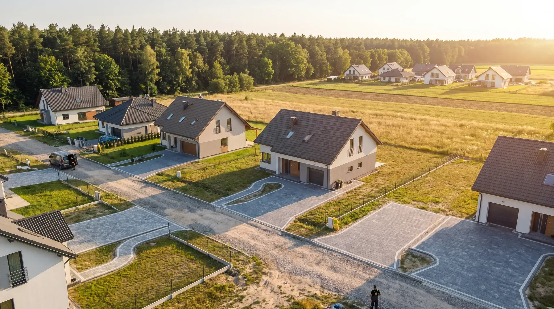 Widok z lotu ptaka na domy z podjazdami z kostki w powiecie warszawskim zachodnim
