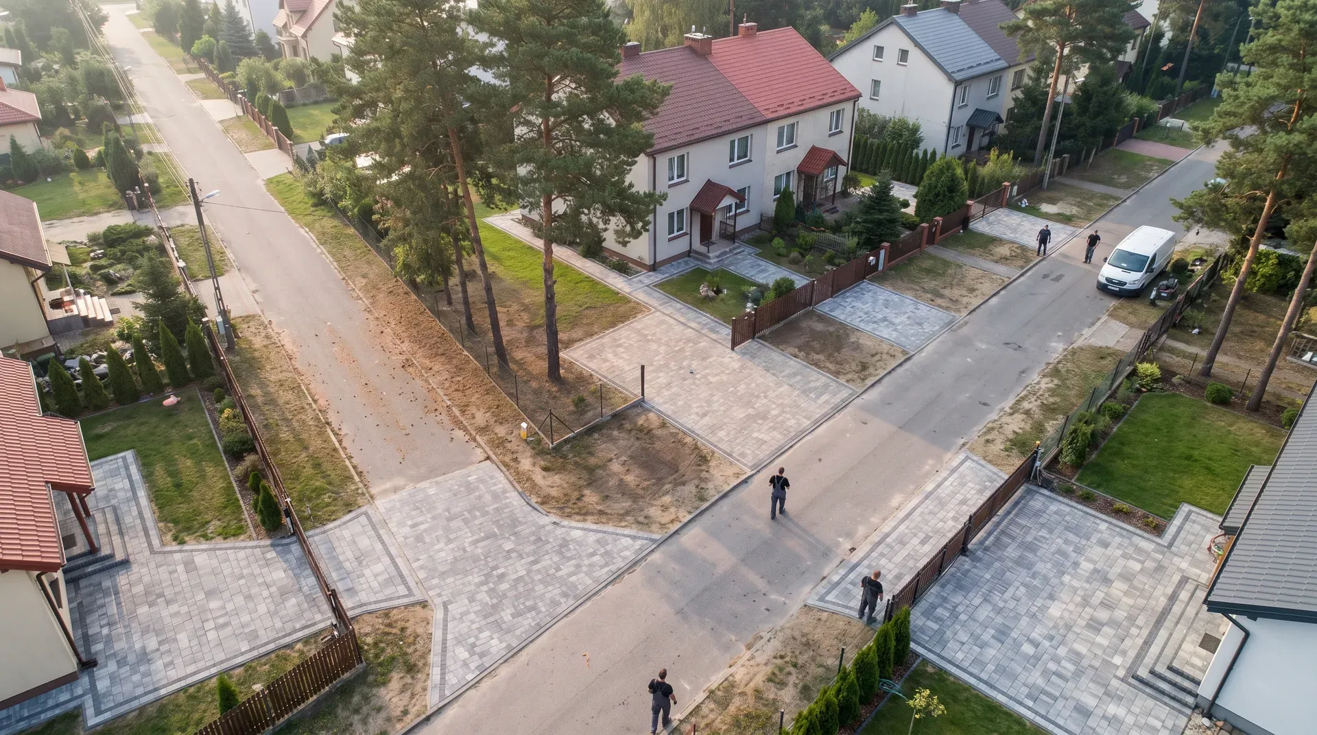 Domy jednorodzinne z podjazdami z kostki w powiecie wołomińskim z lotu ptaka