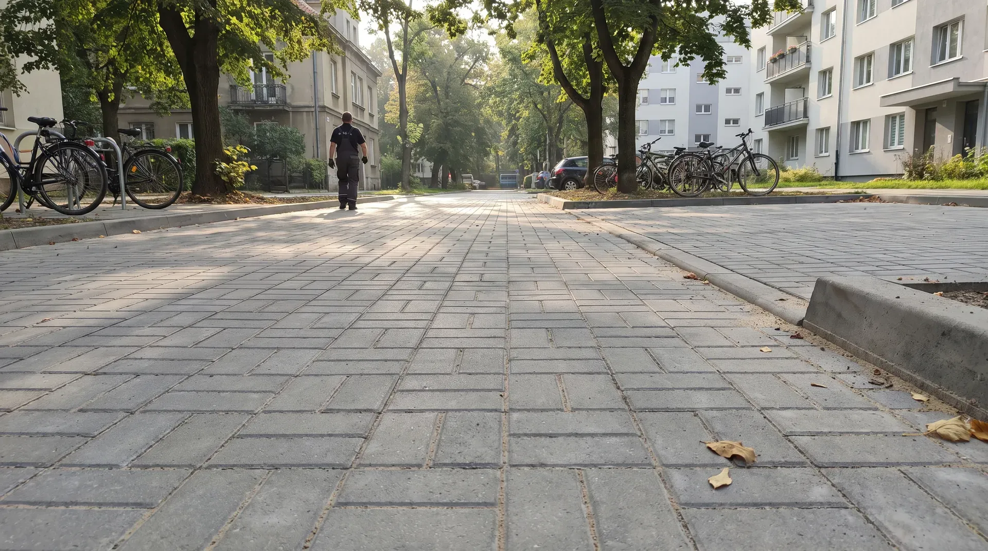 Chodnik z szarej kostki przy budynkach osiedla na Pradze-Południe