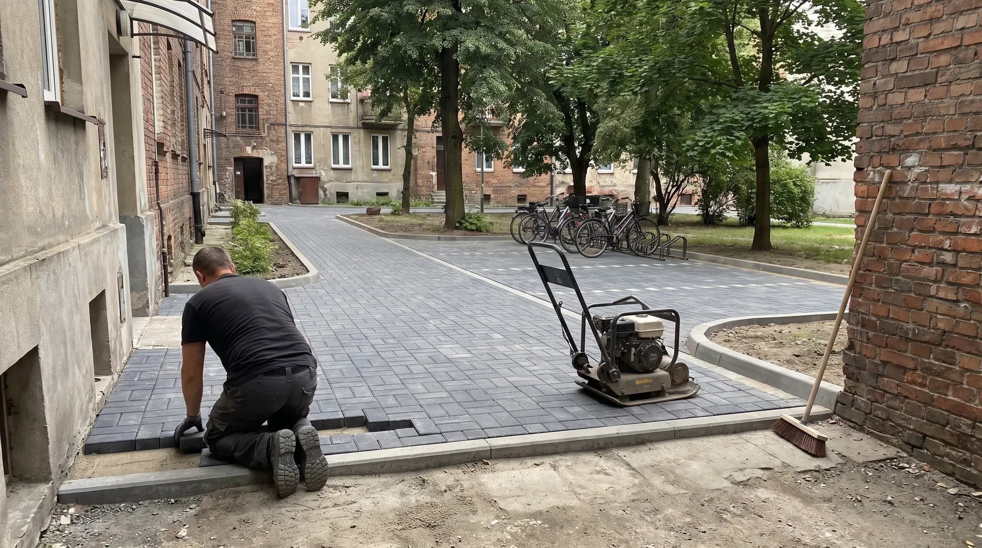Podwórko i chodnik z nowej szarej kostki brukowej przy budynku w Pruszkowie