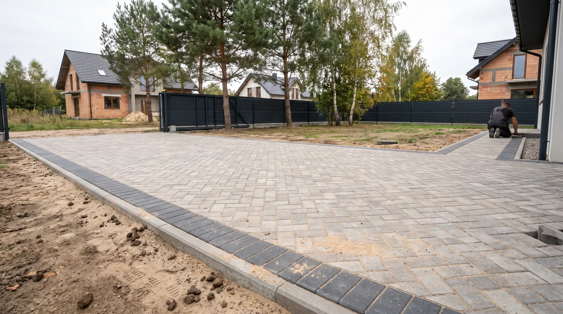 Nowy dom w Zakręcie pod Warszawą z podjazdem i ścieżką z szarej kostki