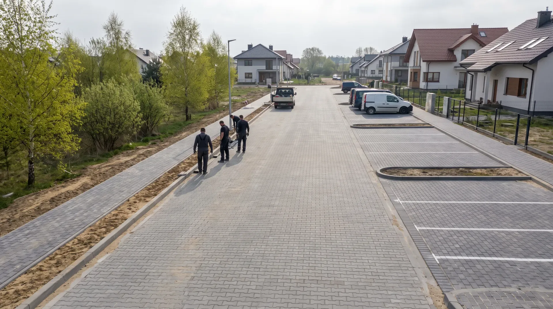 Nowe osiedle pod Warszawą z drogą wewnętrzną z szarej kostki i miejscami postojowymi