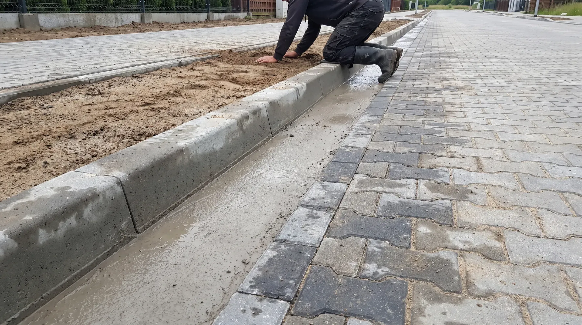 Nowe betonowe krawężniki drogowe osadzone na ławie betonowej obok świeżej kostki