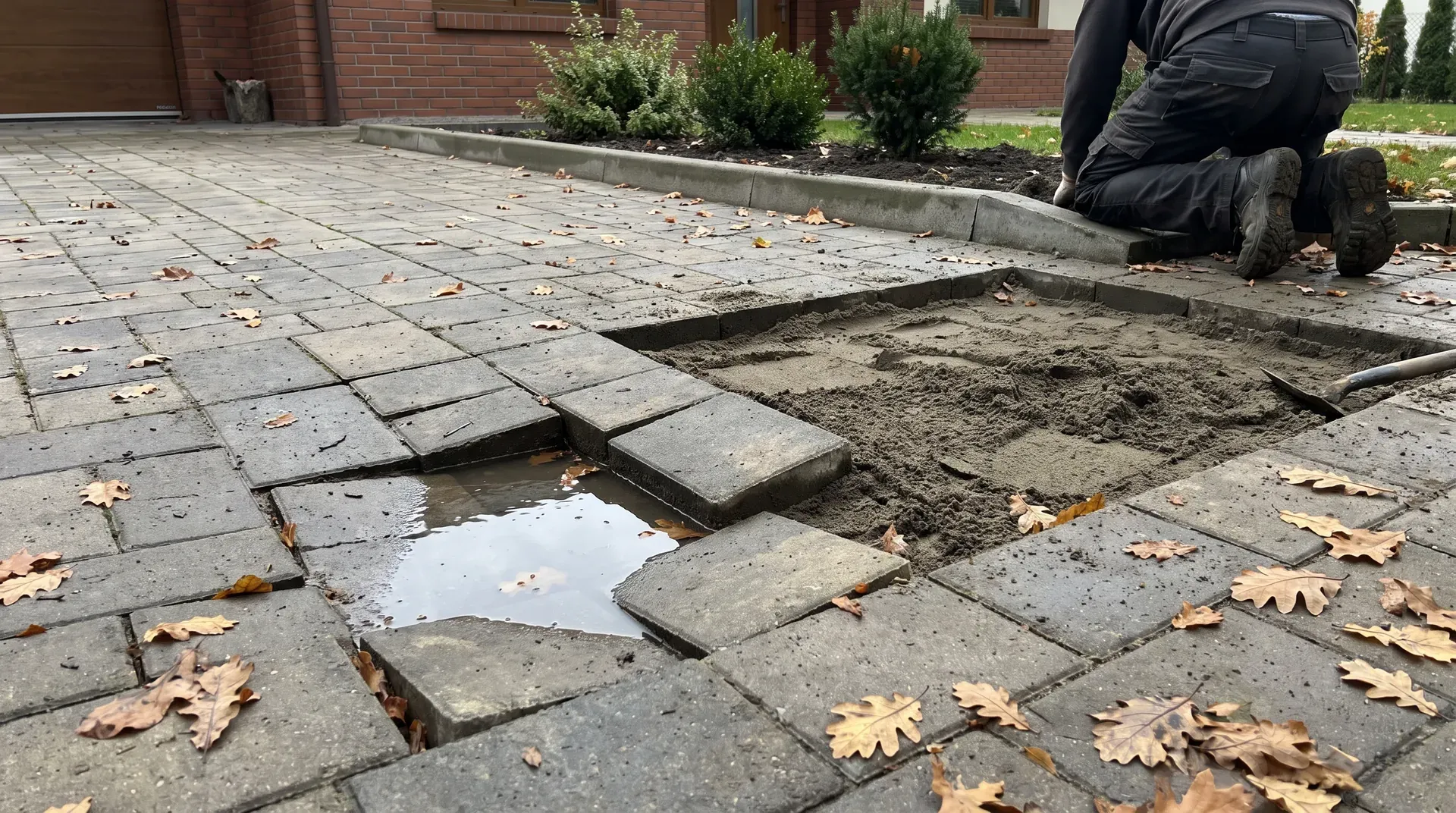 Zapadnięta kostka brukowa z kałużą na podjeździe i odsłonięta podsypka do naprawy