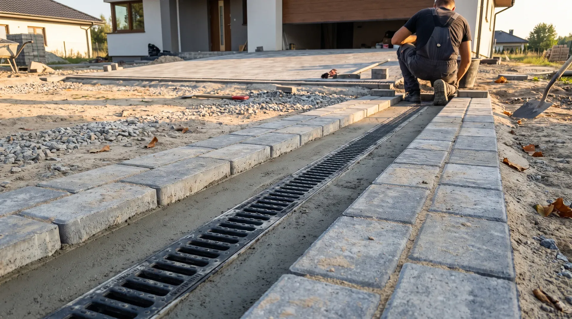 Korytko odwodnienia liniowego z rusztem żeliwnym osadzone w betonie między kostką