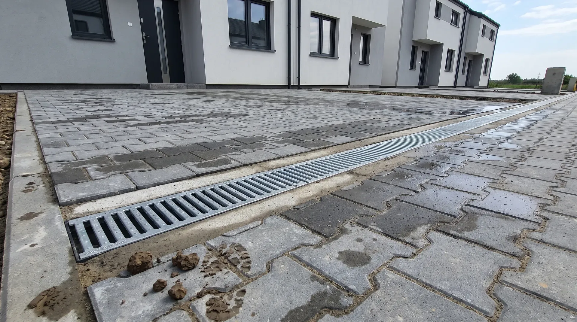 Odwodnienie liniowe przed garażem na osiedlu domów w Ursusie