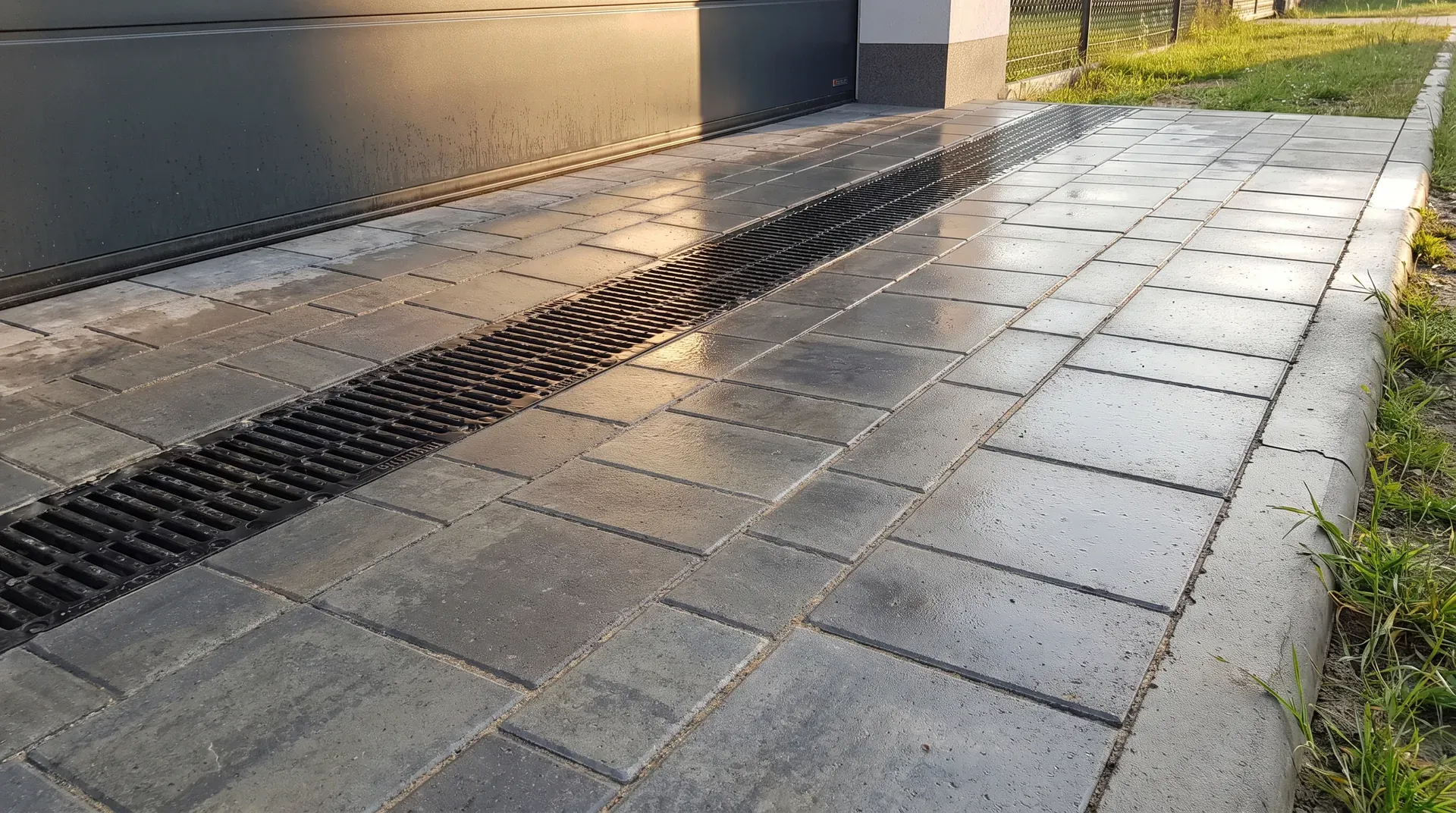 Odwodnienie liniowe z żeliwnym rusztem przed bramą garażu na mokrym podjeździe