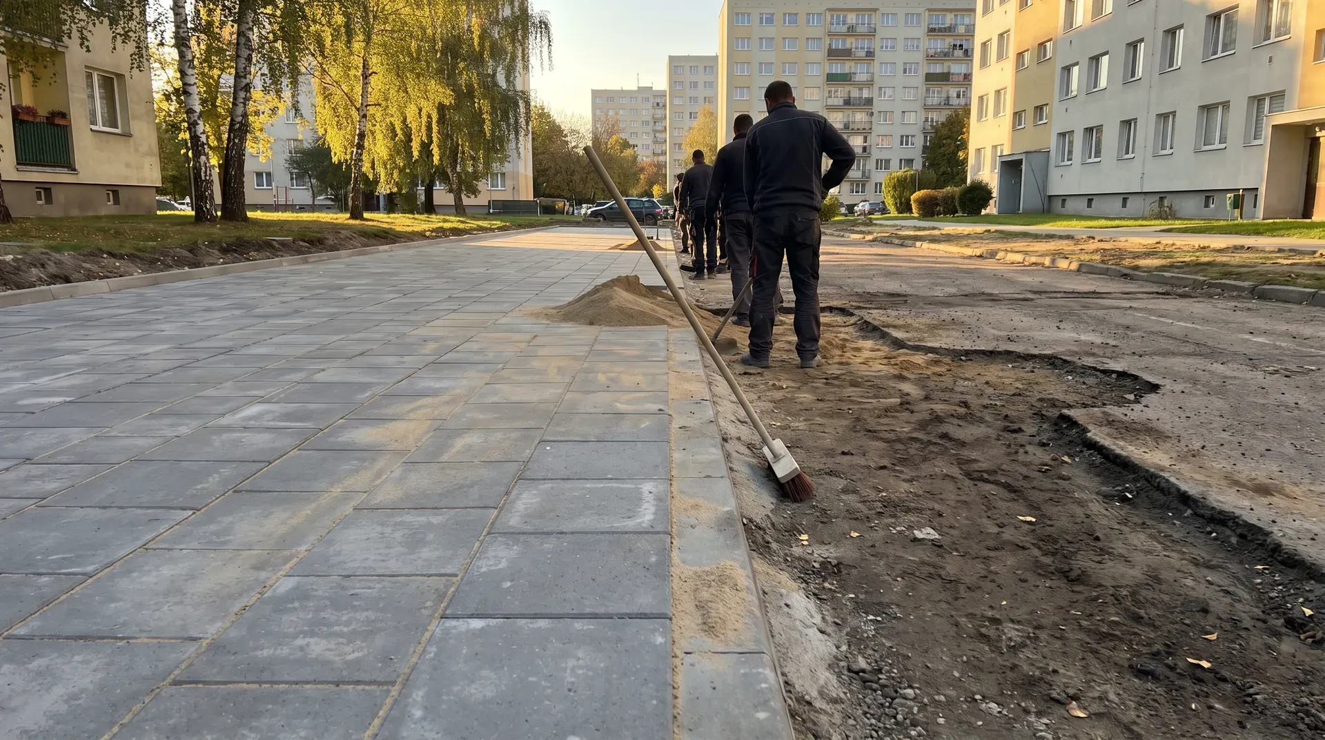 Parking osiedlowy w trakcie wymiany nawierzchni na nową szarą kostkę betonową