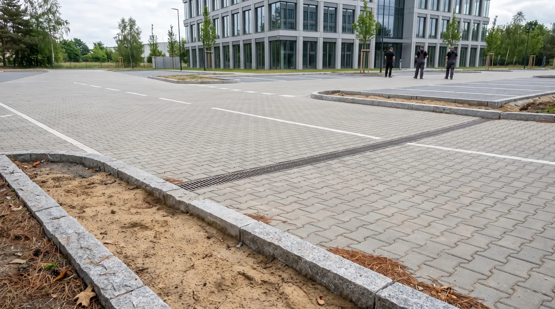Parking z szarej kostki brukowej z białymi liniami miejsc postojowych przy biurowcu