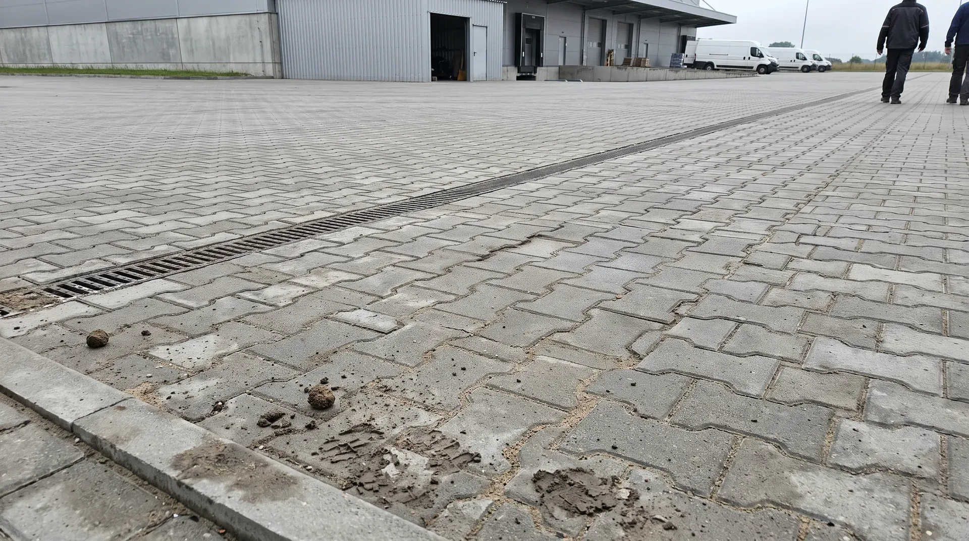Duży plac z szarej kostki przemysłowej z krawężnikami i wpustami przy magazynie