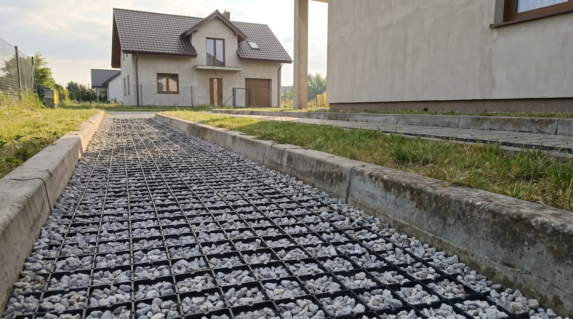 Podjazd z czarnej geokraty wypełnionej jasnym żwirem przy domu jednorodzinnym