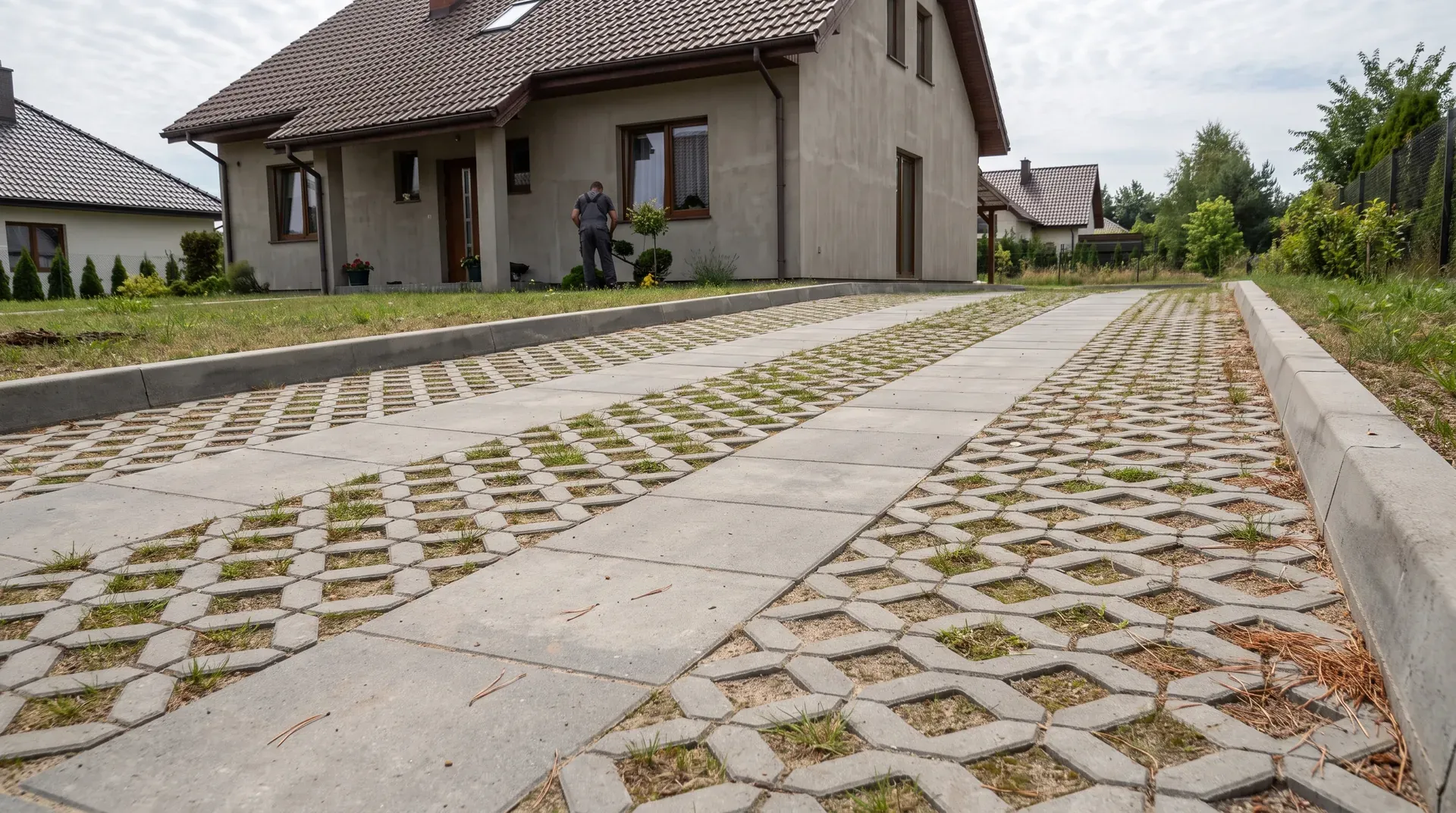 Podjazd z betonowych płyt ażurowych z trawą w otworach przed domem