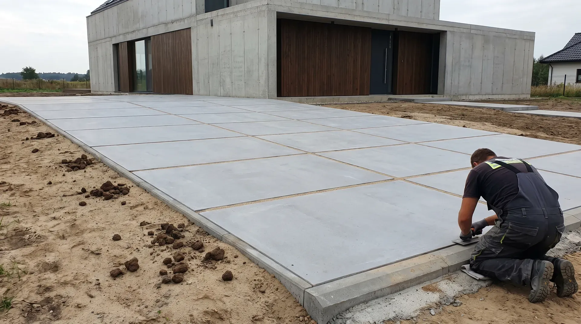 Podjazd z jasnoszarych wielkoformatowych płyt betonowych przed nowoczesnym domem