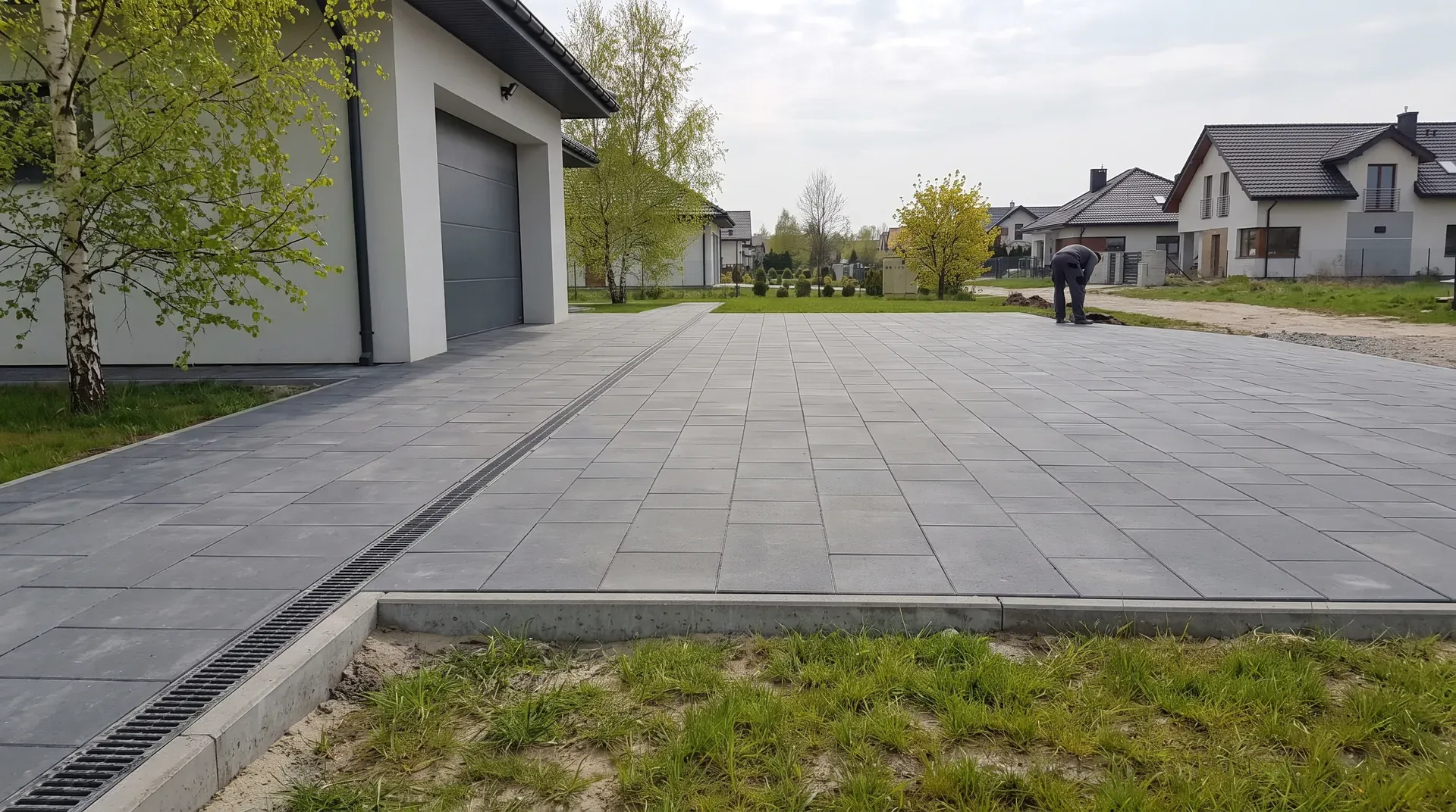 Wąski podjazd z kostki przy domu wśród drzew w Boernerowie na Bemowie