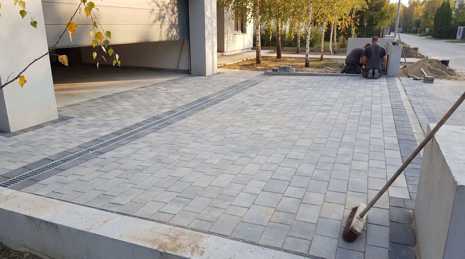 Elegancki podjazd z jasnych płyt i kostki przed willą w Wilanowie